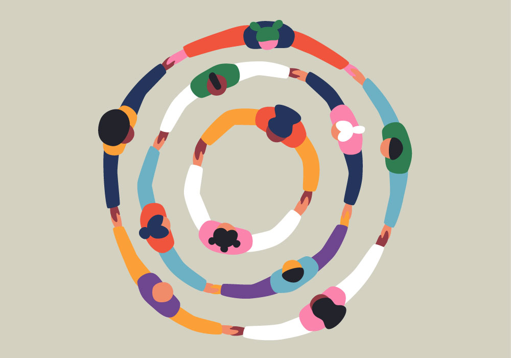 dibujo plano cenital grupo de personas cogidas de la mano circulos concentricos erg grupos de recursos de empleados