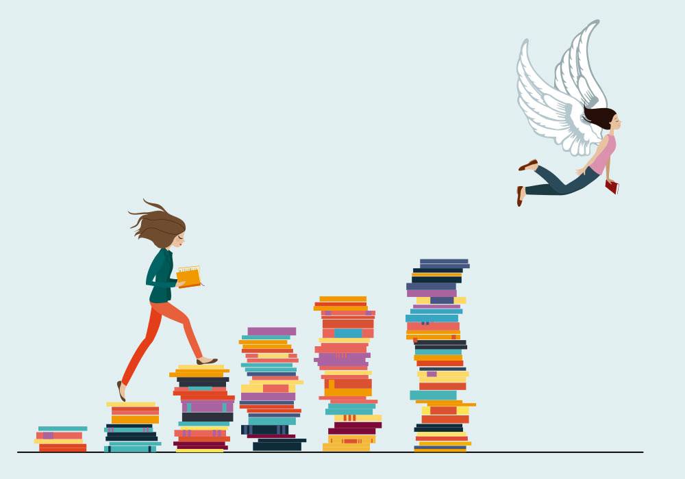 persona caminando sobre escalera columnas de libros trabajadores jovenes