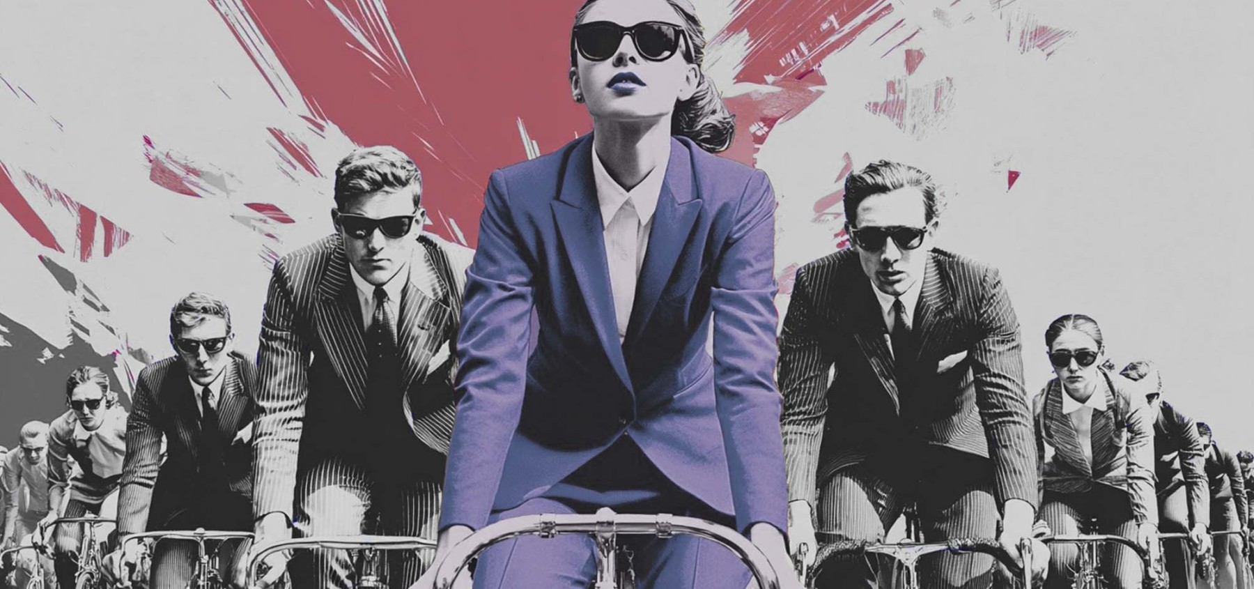 peloton de ciclistas en traje en blanco y negro y la líder con un traje morado
