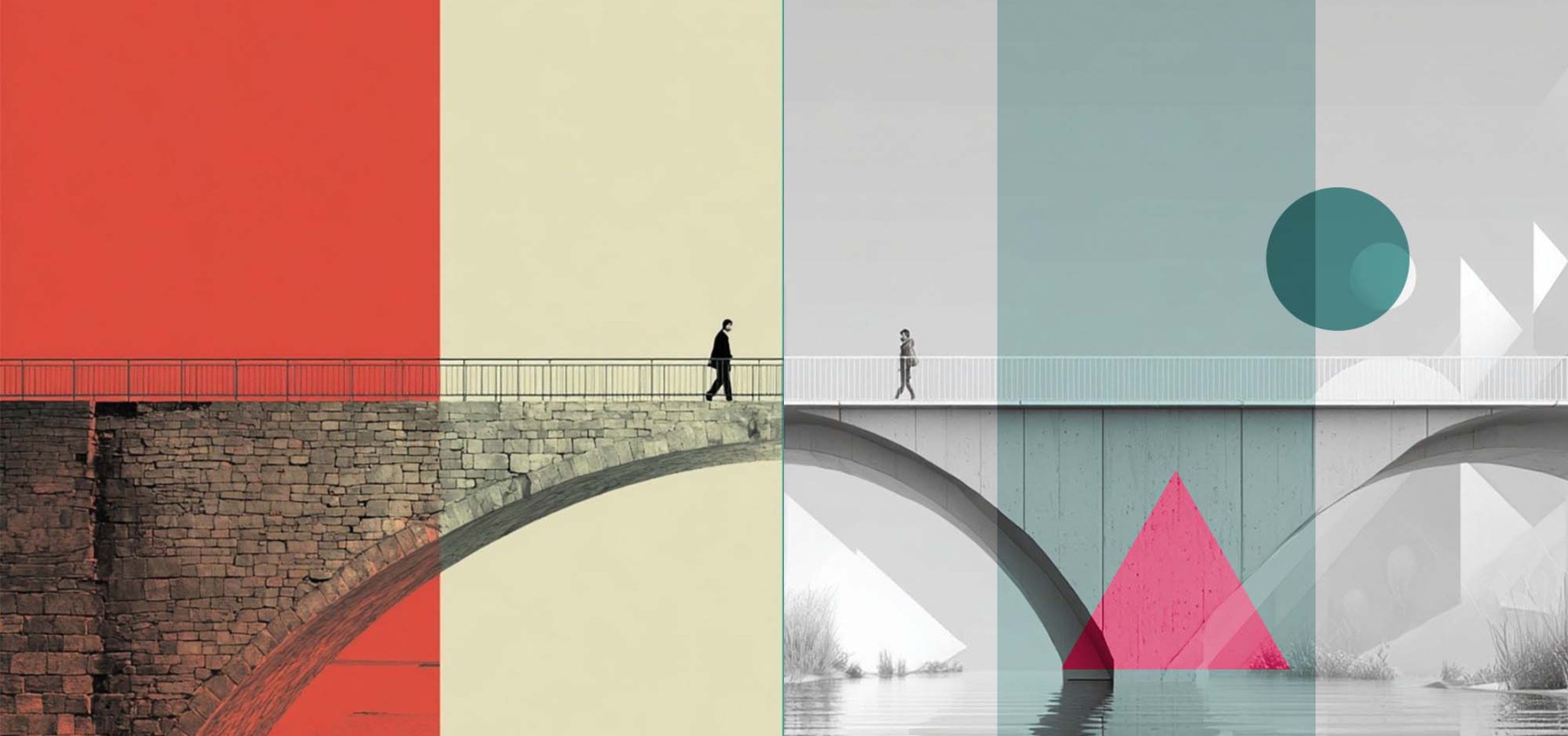 dos personas caminando por dos puentes