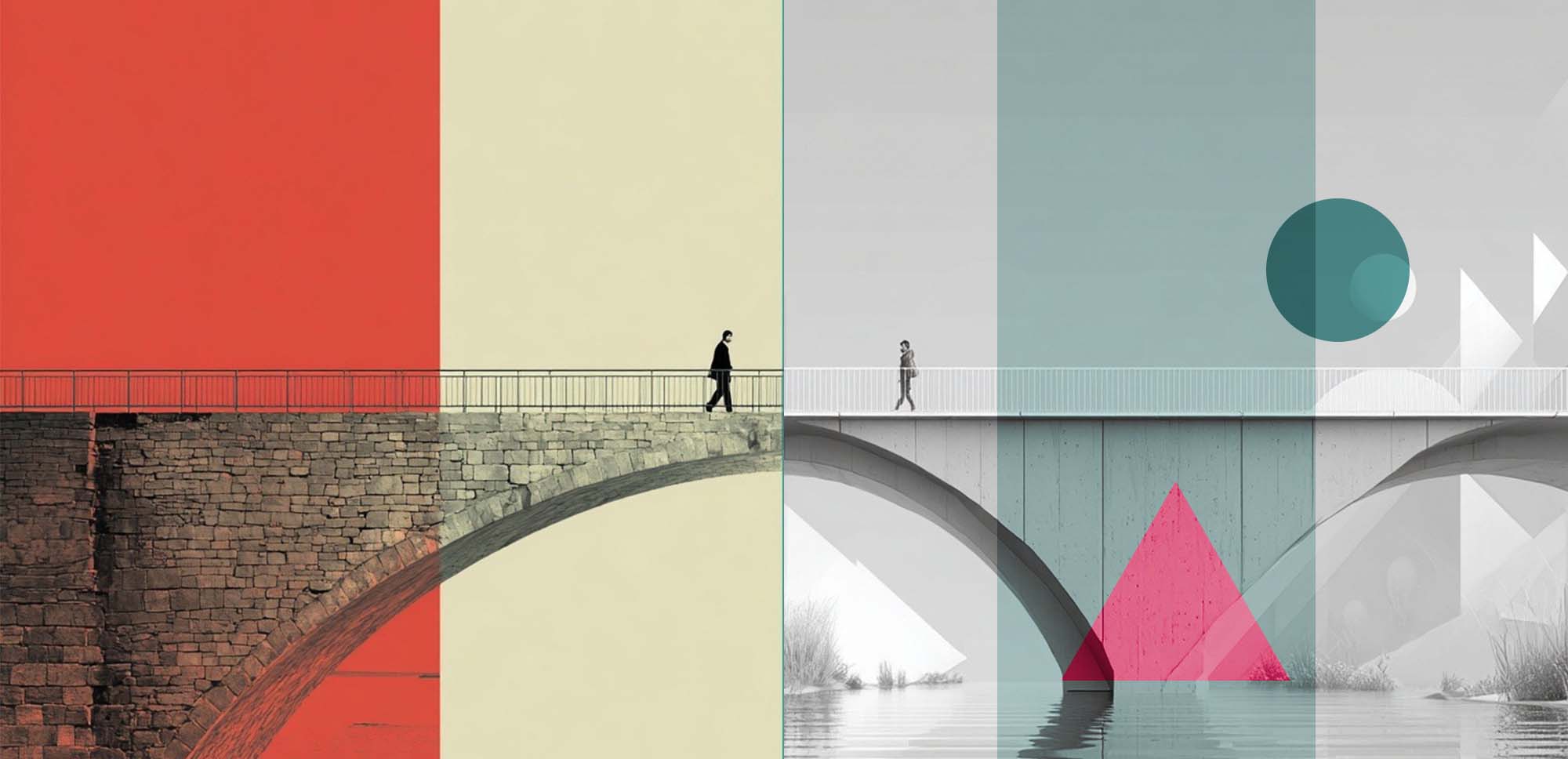 dos personas caminando por dos puentes