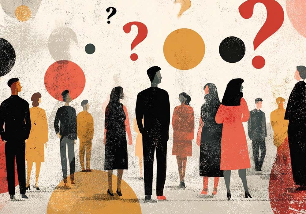 ilustracion de personas con intorrogantes sobre sus cabezas